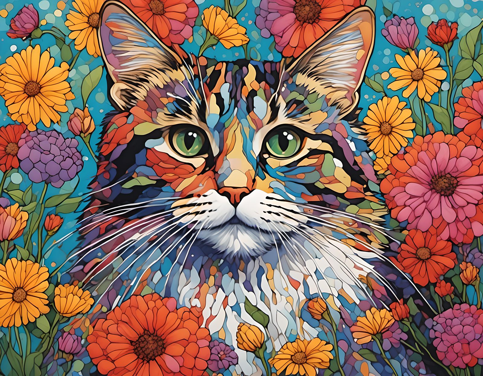 Rainbow Cat Portrait with Flowers in Pop Art Style