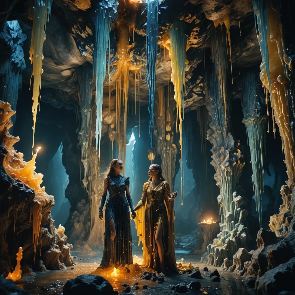 Athena and Arachne in Wax Cave with Mythical Beings