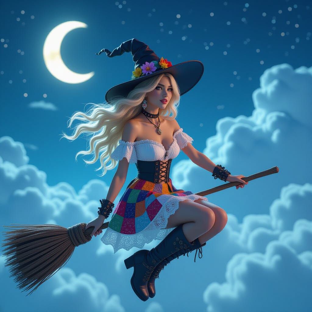 Boho Witch on Broomstick Under Quarter Moon