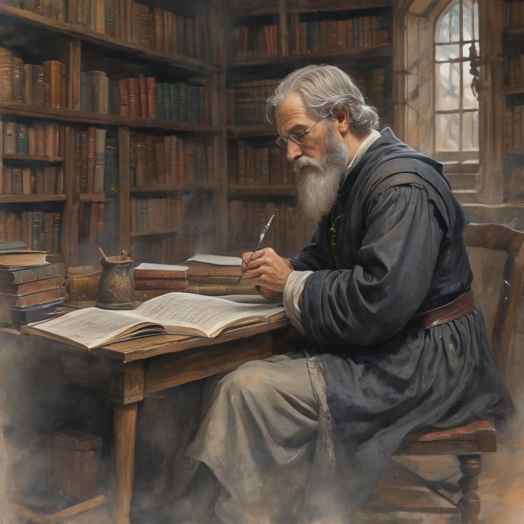 Medieval Scholar in Library: Gouache and Watercolor Painting