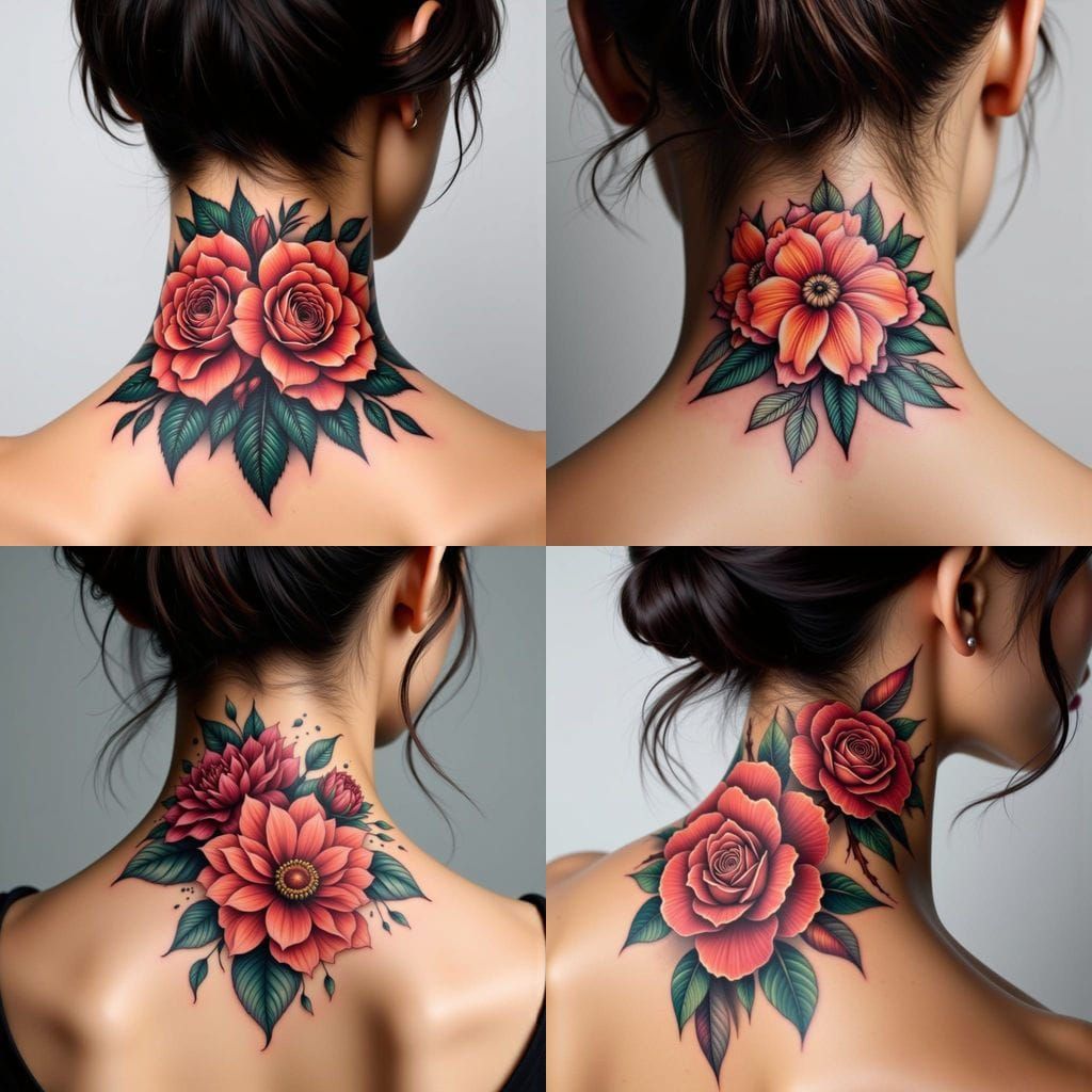 Floral Neck Tattoo Design in Realistic Style