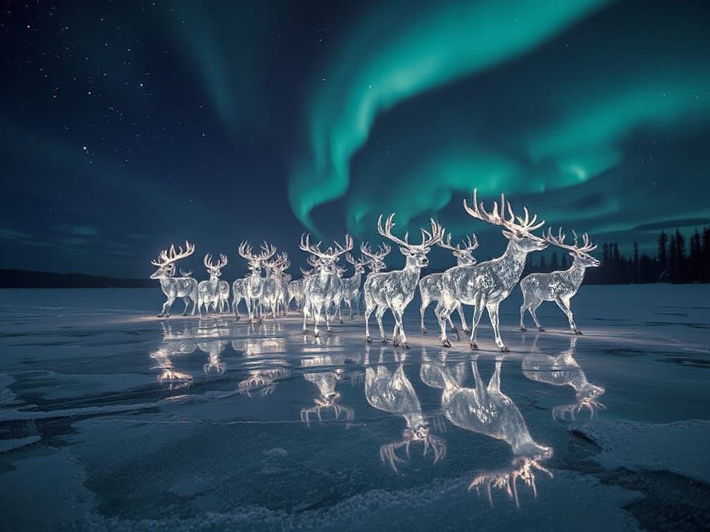 Crystalline Stags on Frost Lake Under Aurora Glow