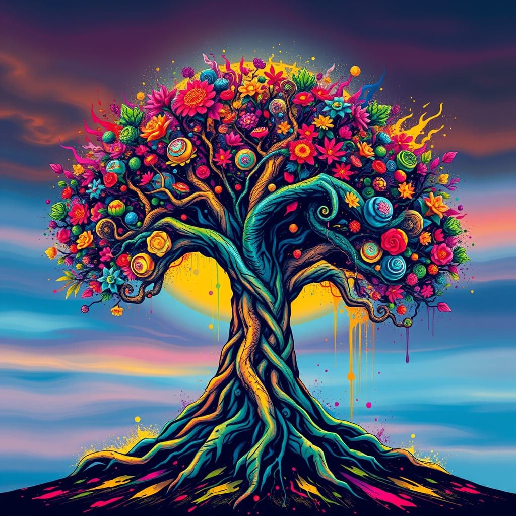 Tree of Life in Vibrant Polychromatic Graffiti Style