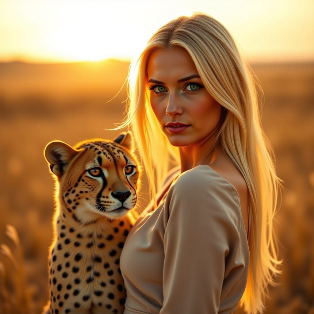 Woman and Cheetah on African Savannah at Dusk