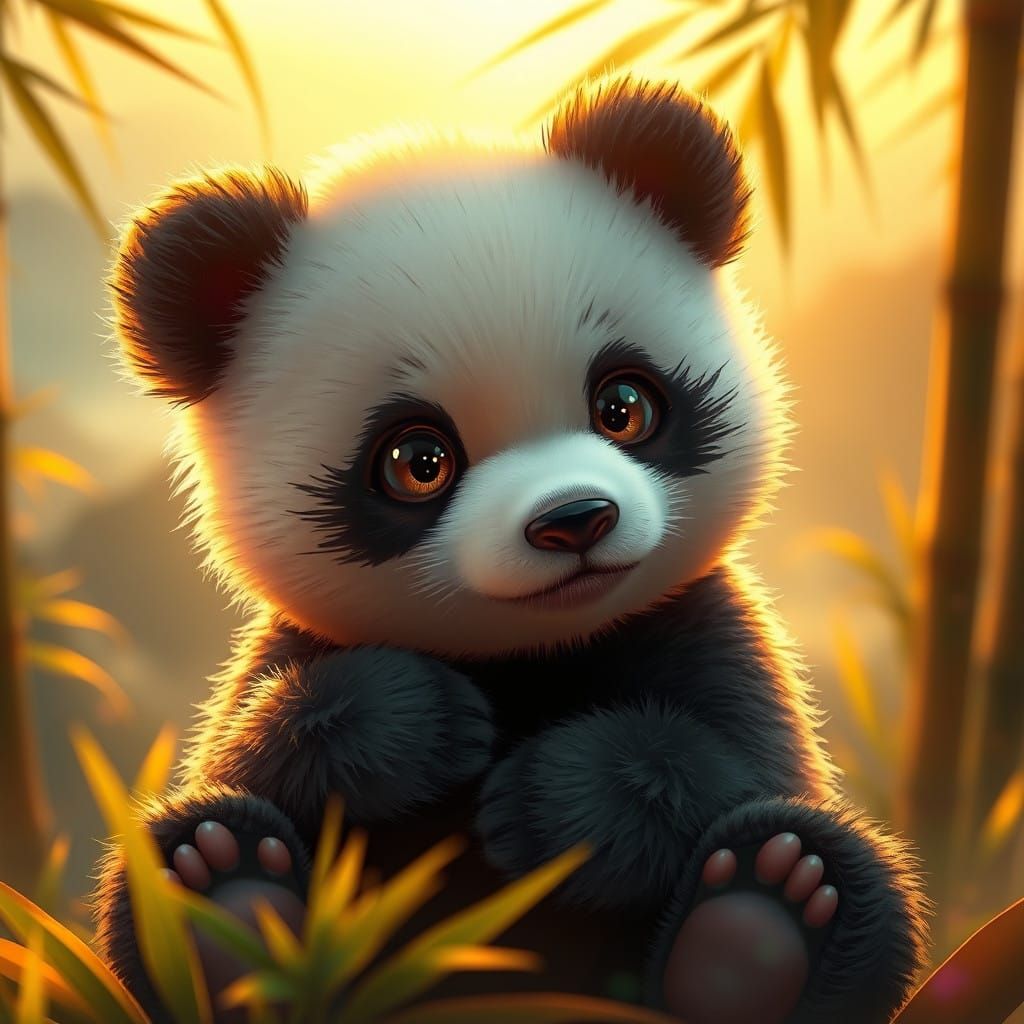 Surreal Panda in Golden Sunshine with Whimsical Bamboo Lands...