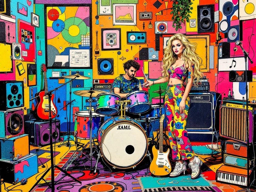 Lively Music Studio Performance in Mixed Media Style