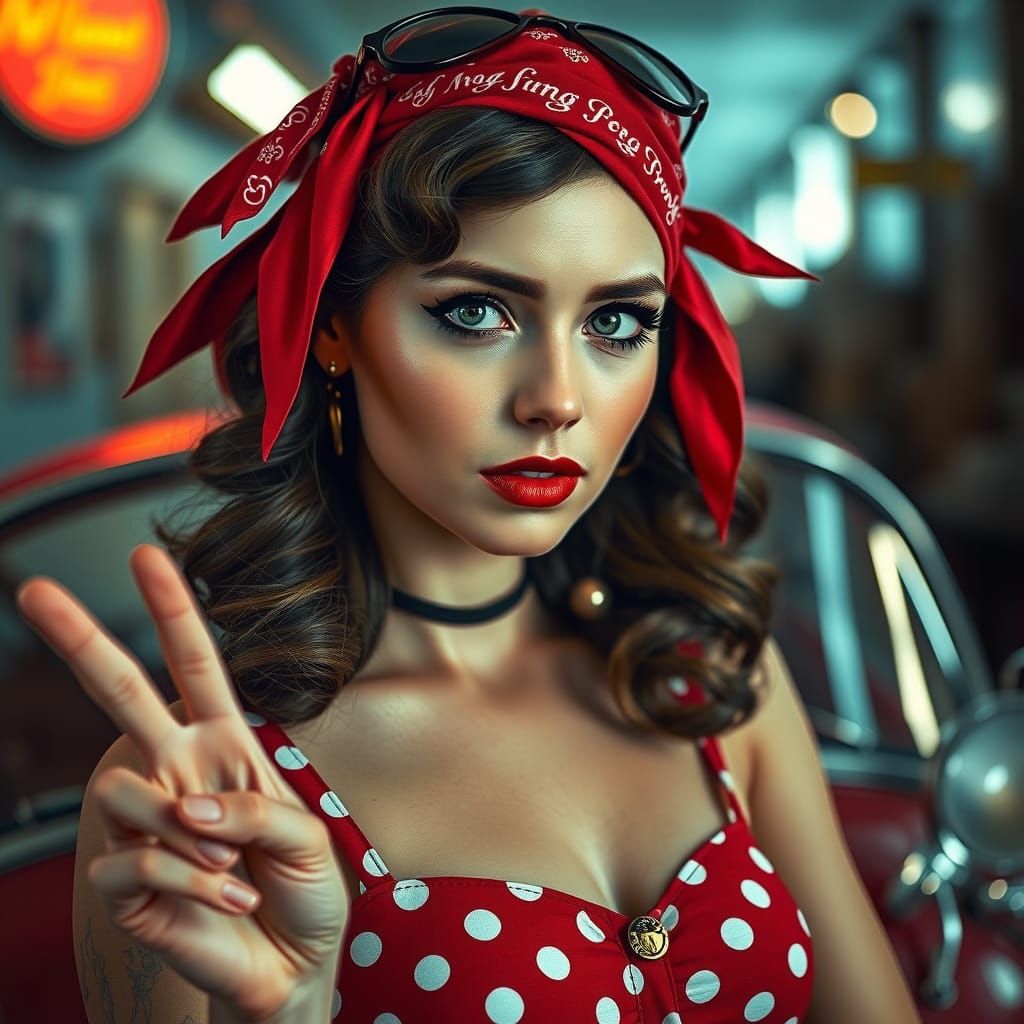 Retro Pinup Girl Peace Sign in Hyperrealistic Detail