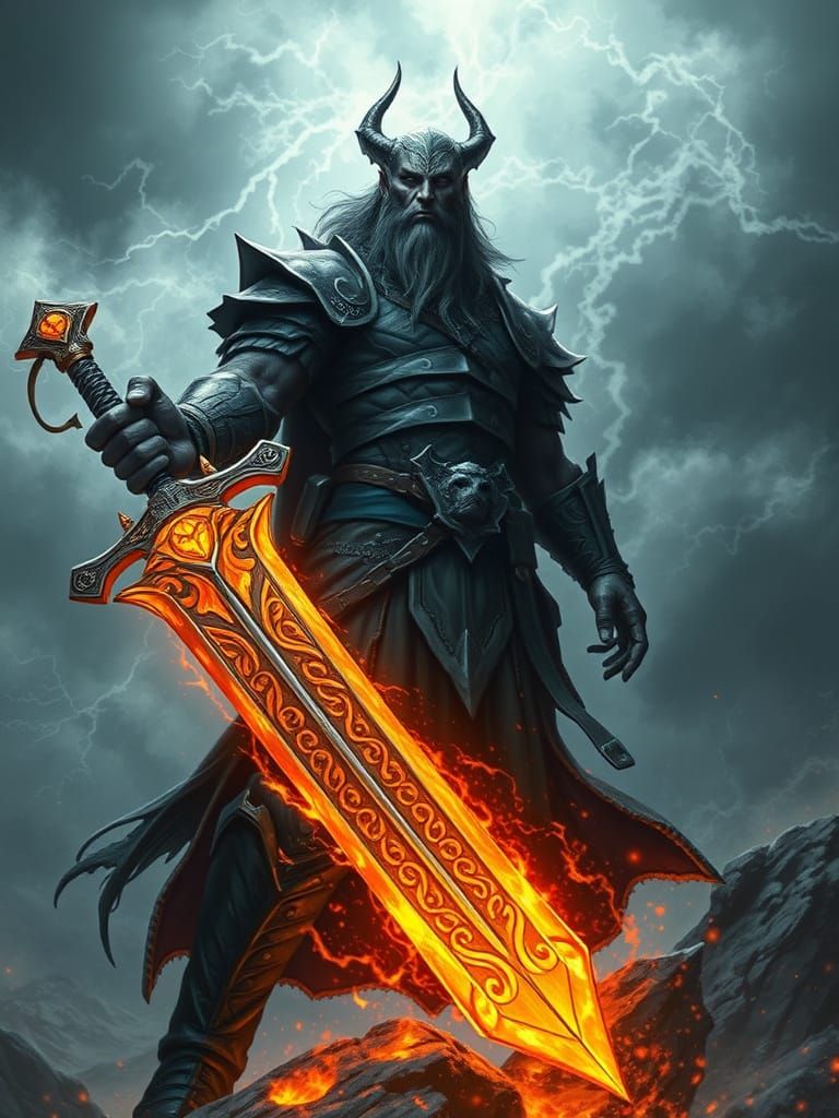 Stormforged Hero Wields Emberfang Sword in Epic Fantasy Art