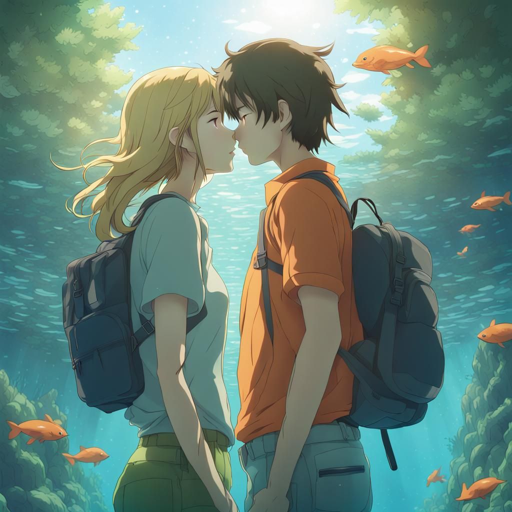 Underwater Kiss in Anime Key Visual Style