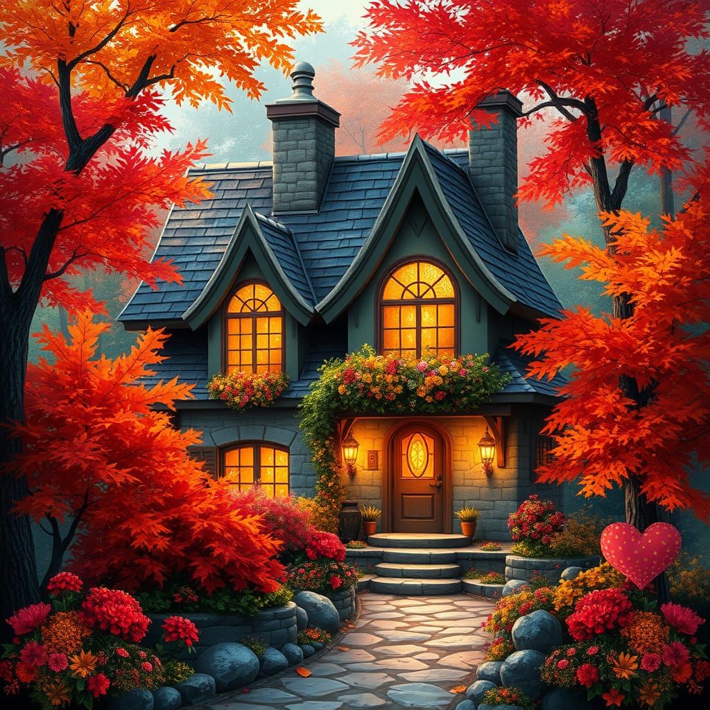 Cozy Autumn Cottage in Whimsical Thomas Kinkade Style