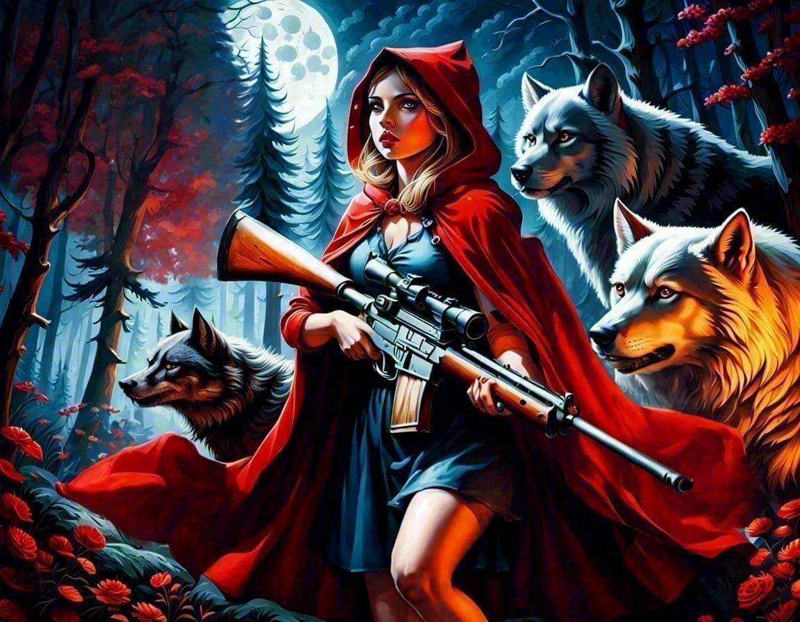 Red Riding Hood and Werewolf in Detailed Oil Painting