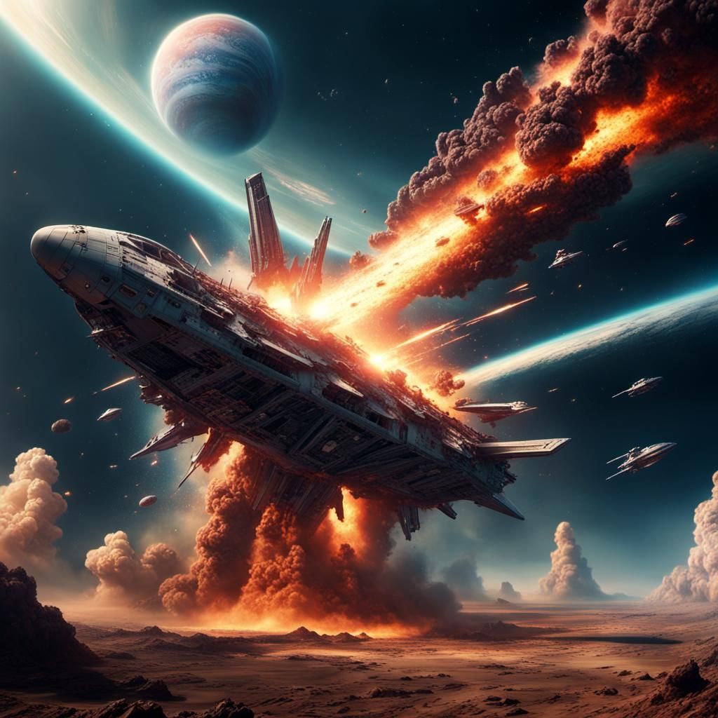 Explosion on Alien Planet with Falling Spaceship