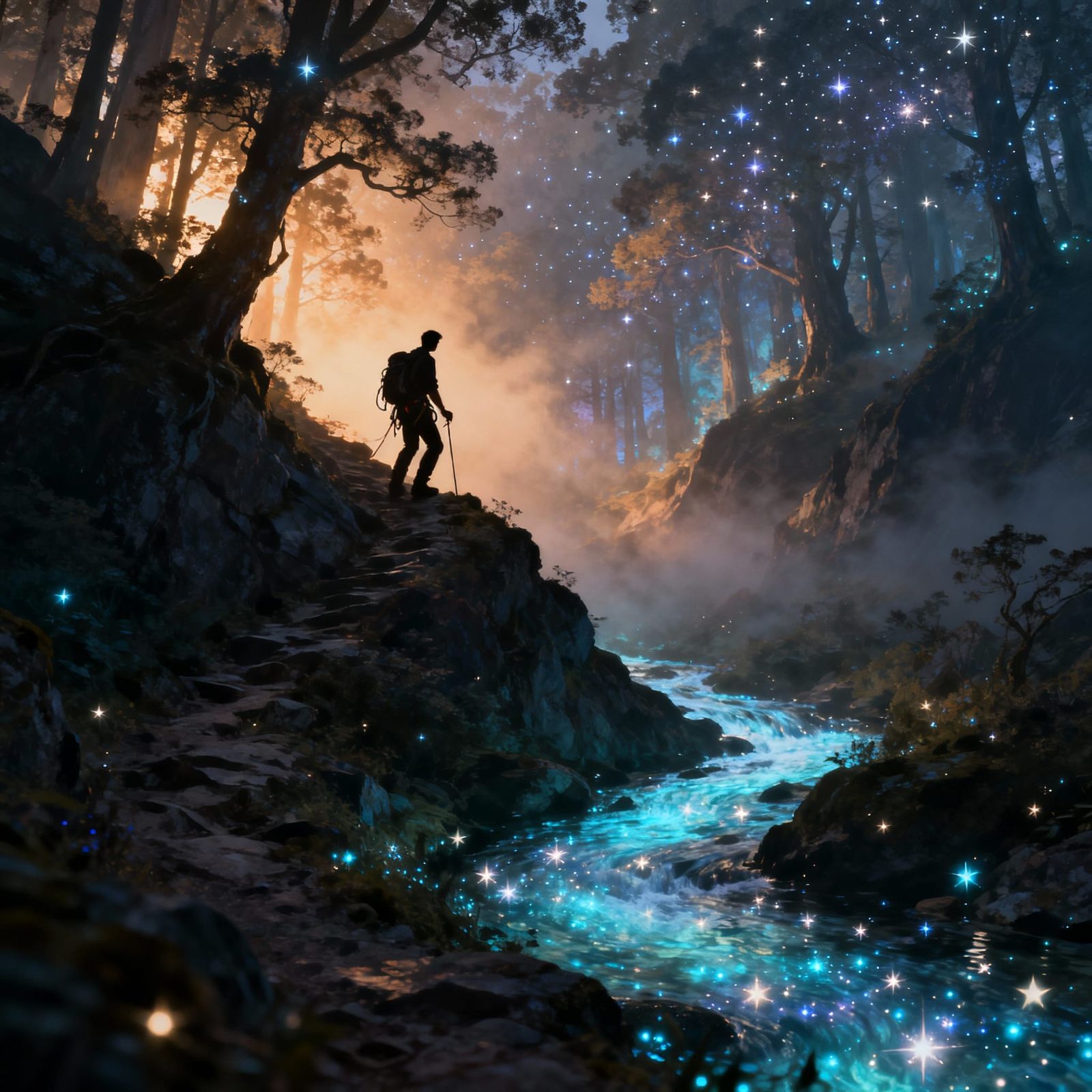 Lone Climber Ascends Ethereal Stary Forest Path