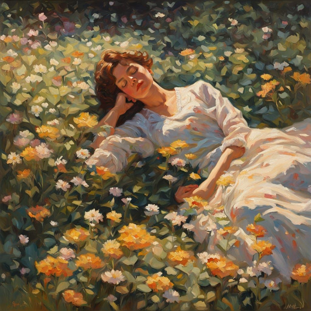 Woman Resting in Flowers, Oil Painting Style