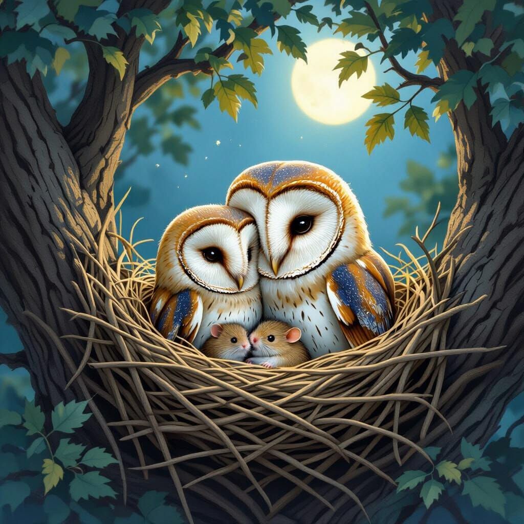 Barn Owl and Mouse Cuddled in Nest