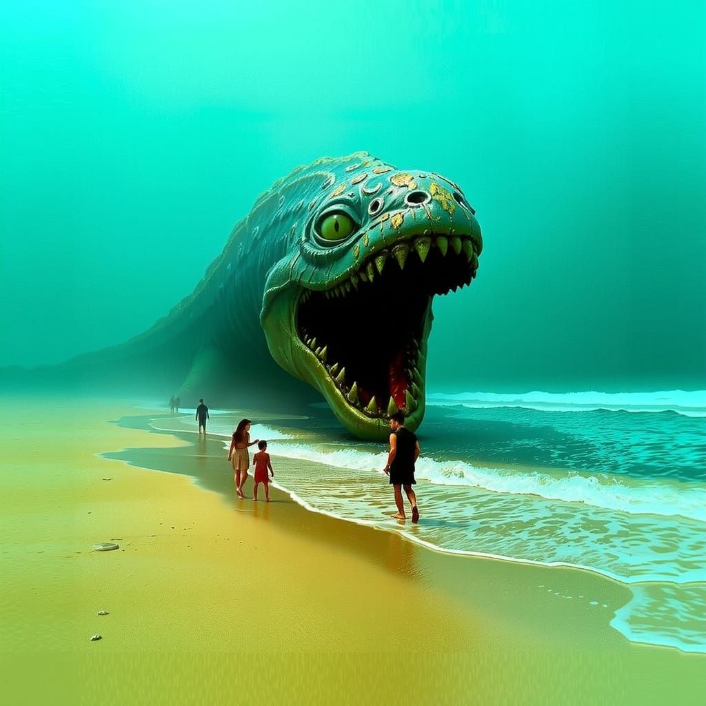 Colossal Sea Monster Looms Over Beach as Biomechanical Art