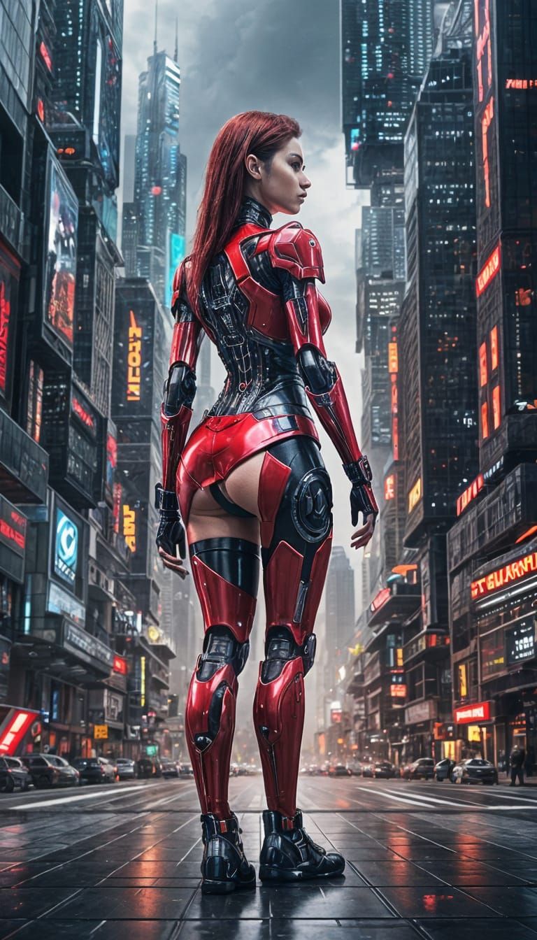 Cybernetic Woman in Red Exo-Skirt Cityscape
