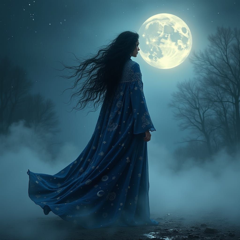 Mystical Sorceress in Midnight Blue Robe, Under Starry Night...