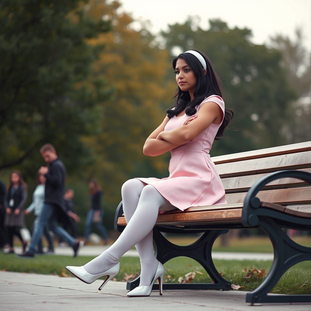 Mini Superheroine on Giant Bench: Cinematic Film Still