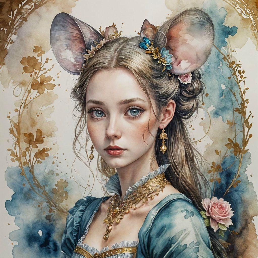 Watercolor Mouse-Girl Portrait in Dark Fantasy Style