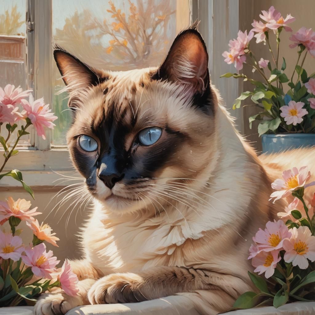 Impressionist Siamese Cat Portrait in Sunlight
