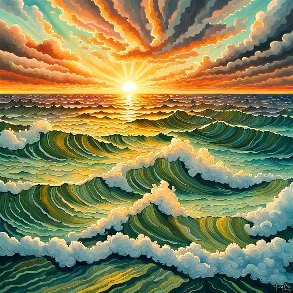 Colorful Sunset Ocean View in Gouache Painting Style