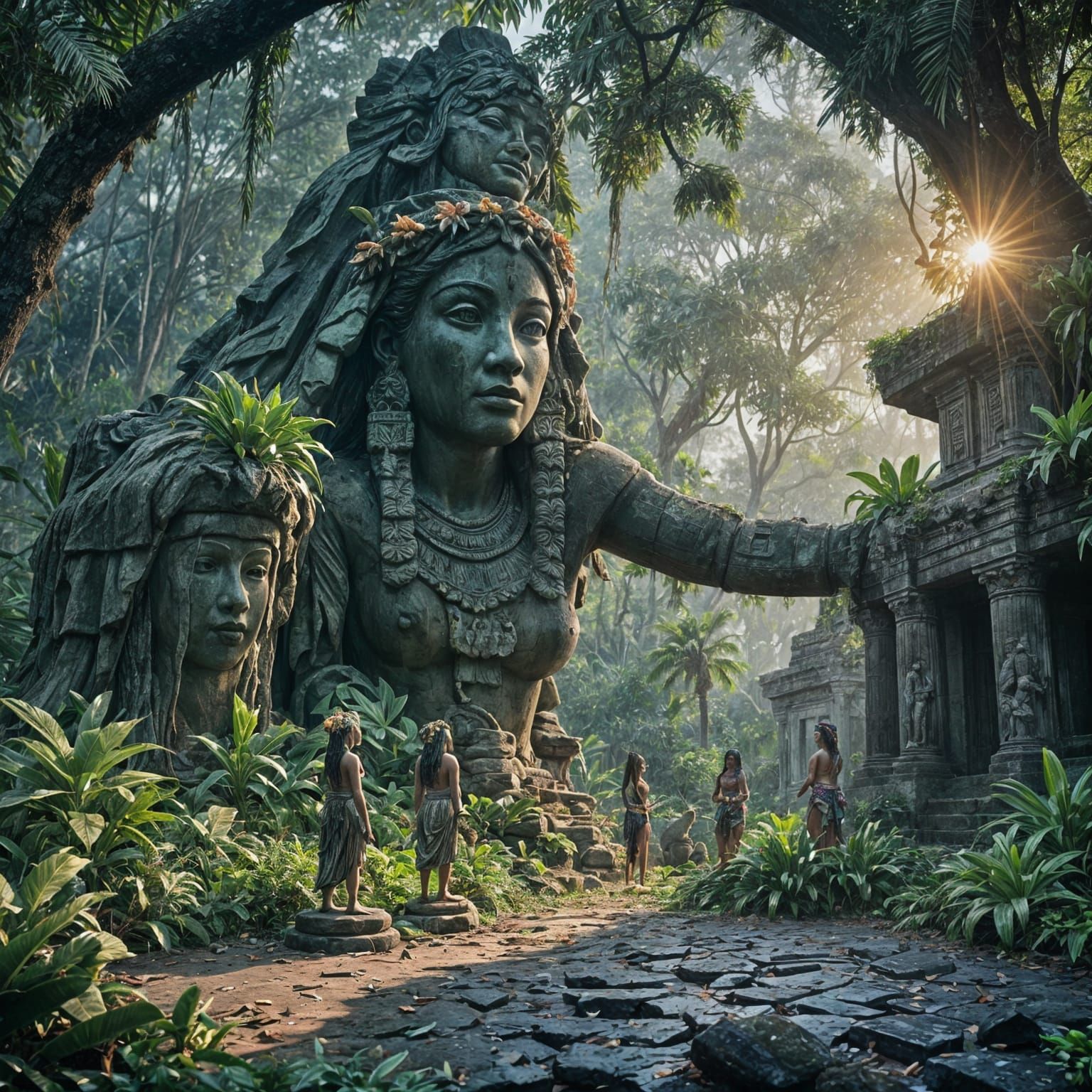 Exotic Hula Girls and Crumbling Rock Statue