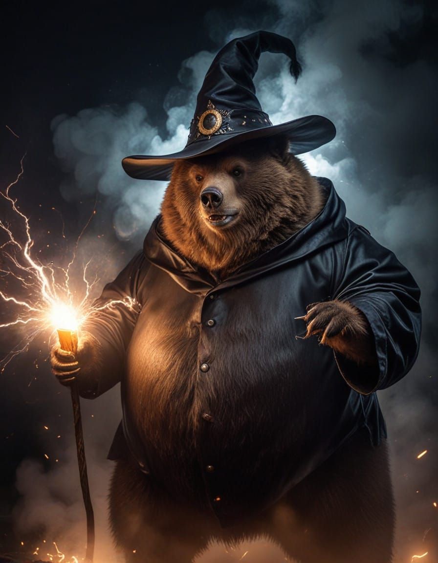 Dark Bear Wizard with Witch's Hat, Shooting Lightning in Smo...