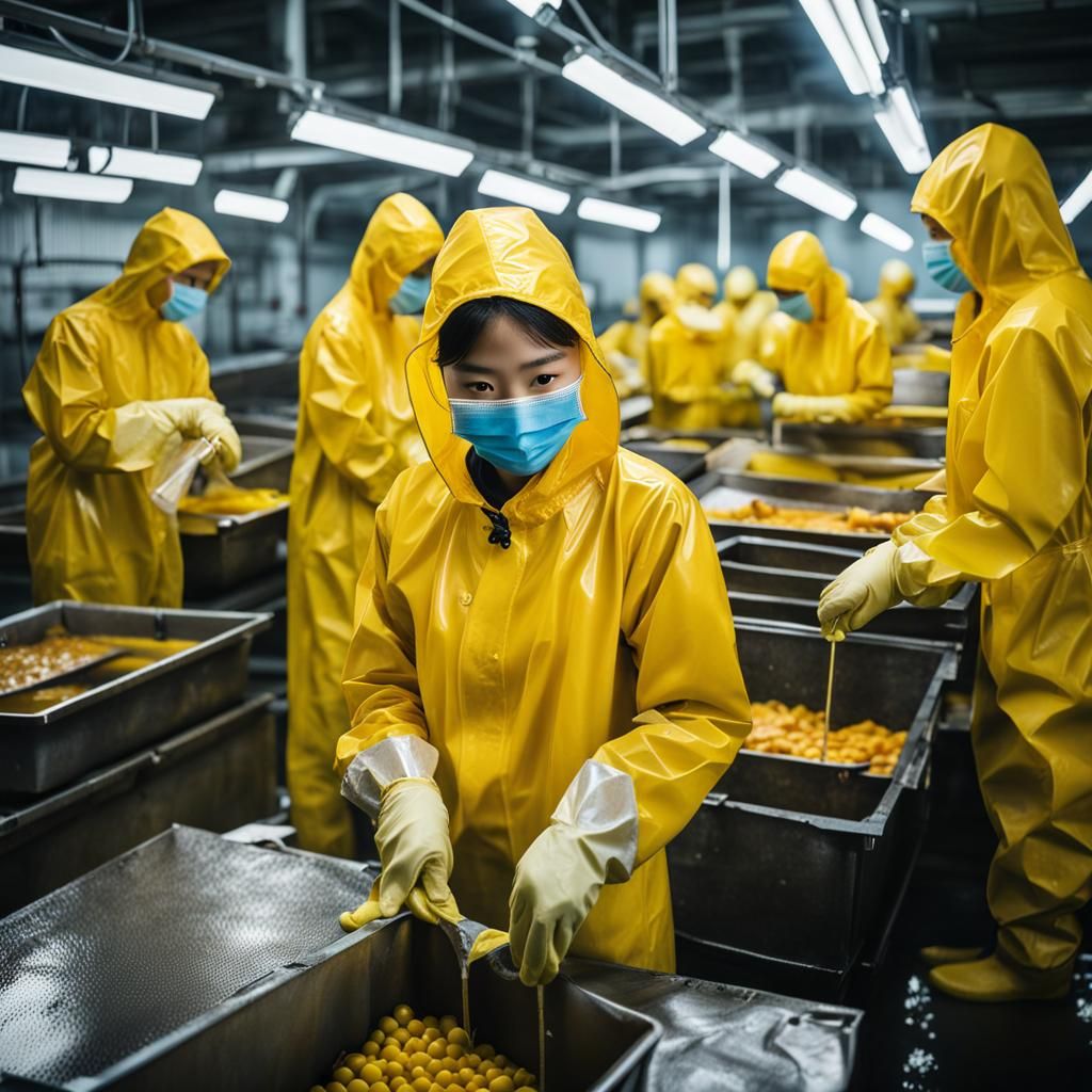 Asian Women Processing Salmon in Factory