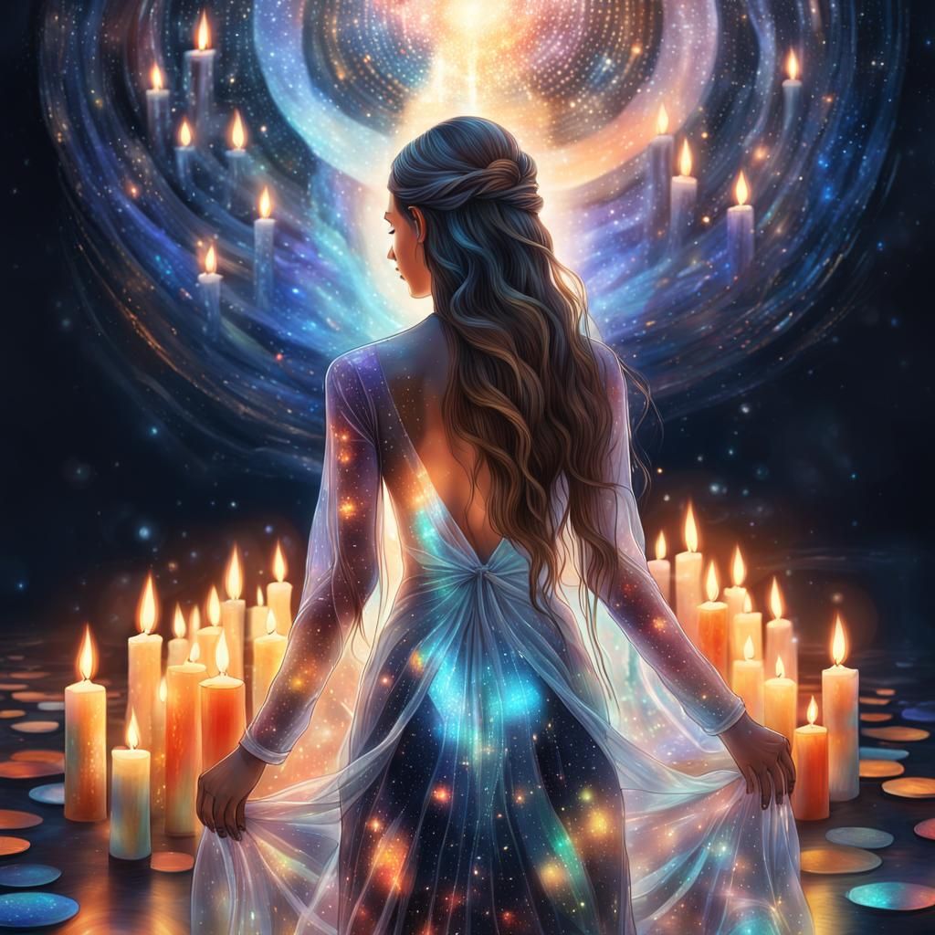 Woman in Candlelight: Holographic Astral Illustration