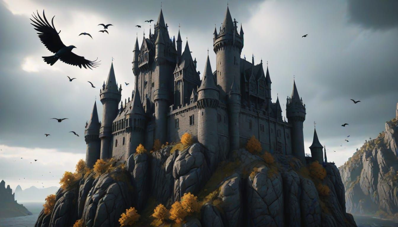 Gothic Castle Emerging from Black Rock in Radiant Light