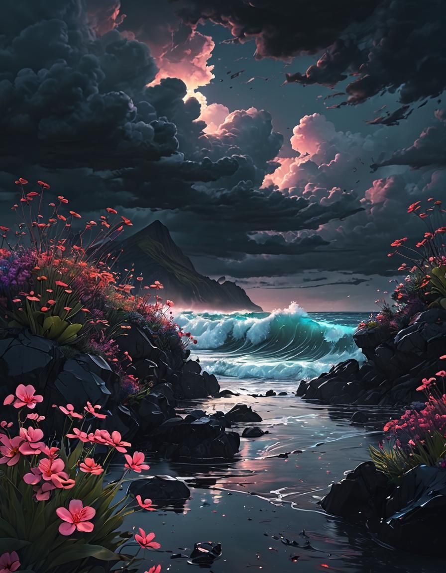 Neon Fantasy Ocean Storm in Anime Style