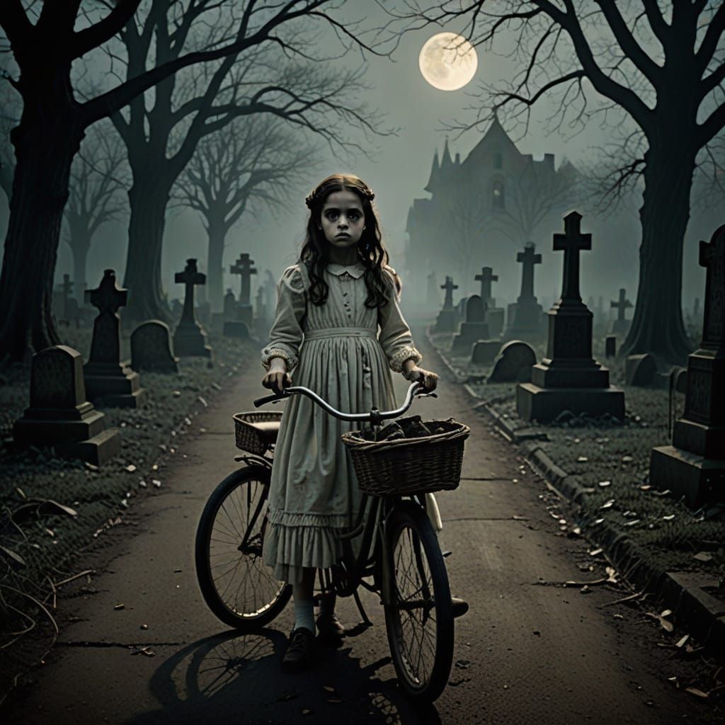 Little Girl Rides Vintage Bicycle Through Haunted Cemetery a...
