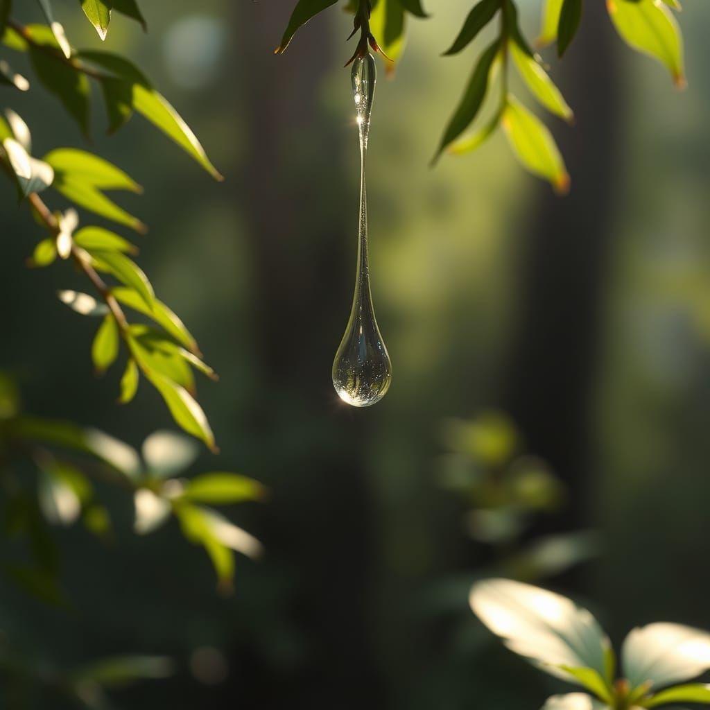 Ethereal Crystal Raindrop in Lush Forest, Digital Art