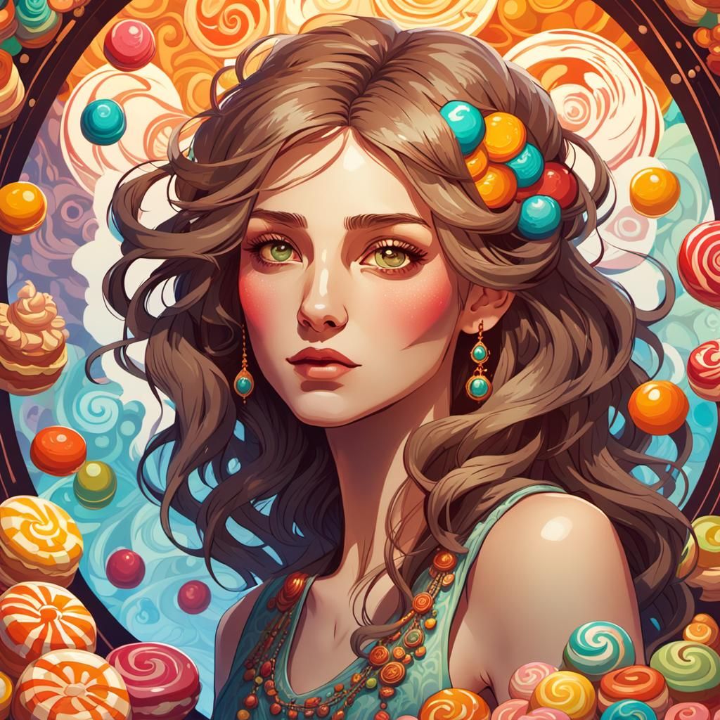 Russian Lady Before Candy Wall, Alphonse Mucha Style