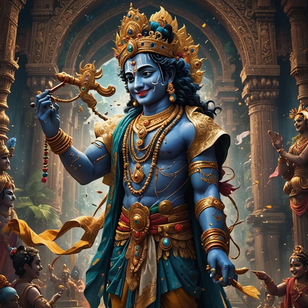 Lord Krishna Smiling: Detailed Fantasy Art