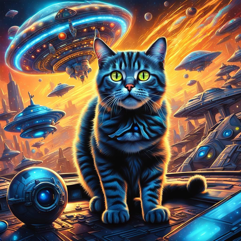 Surprised Cat Photobombs UFO Invasion in Hyperrealistic Art