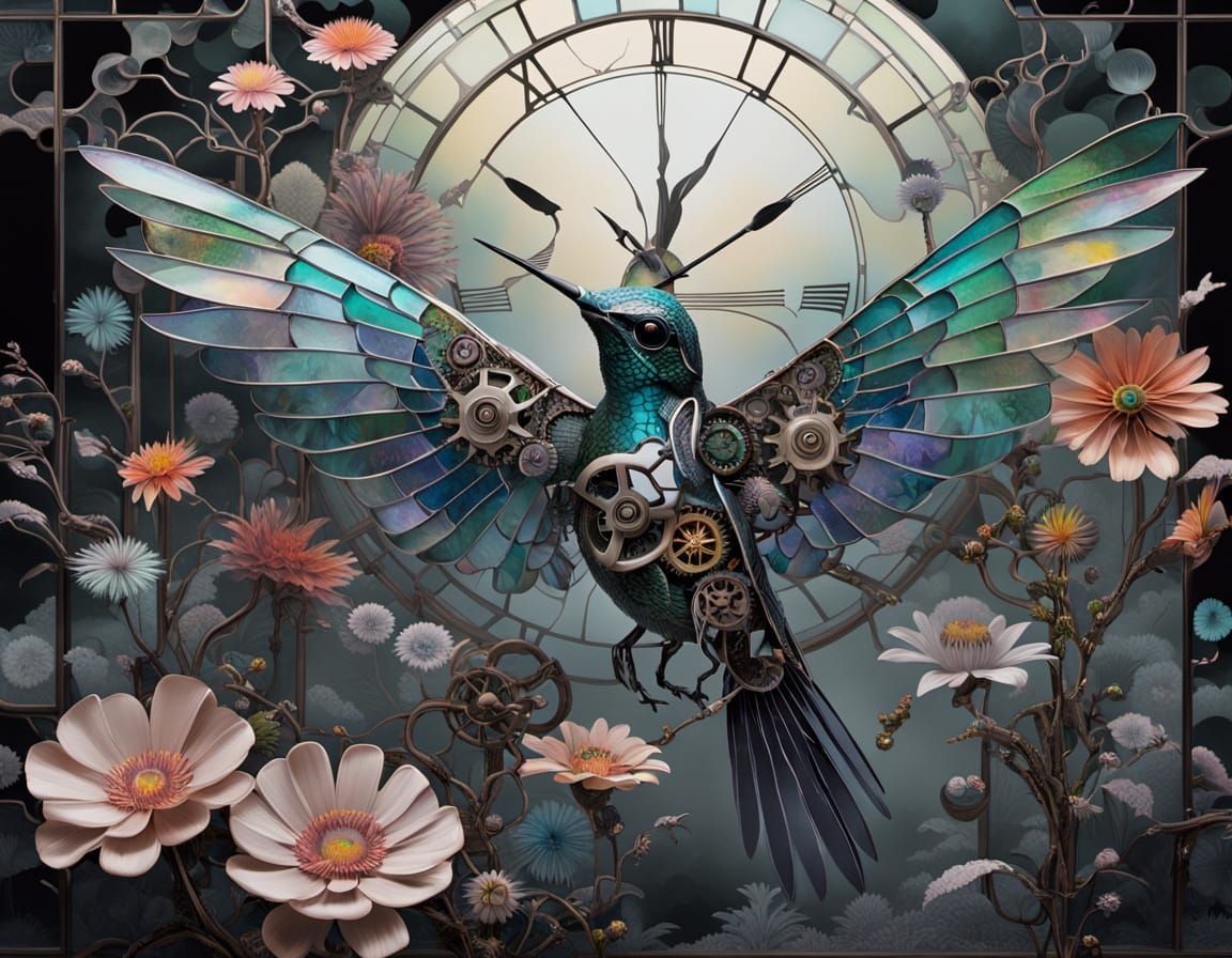 Clockwork Hummingbird Sipping Nectar: Surreal Automaton Art