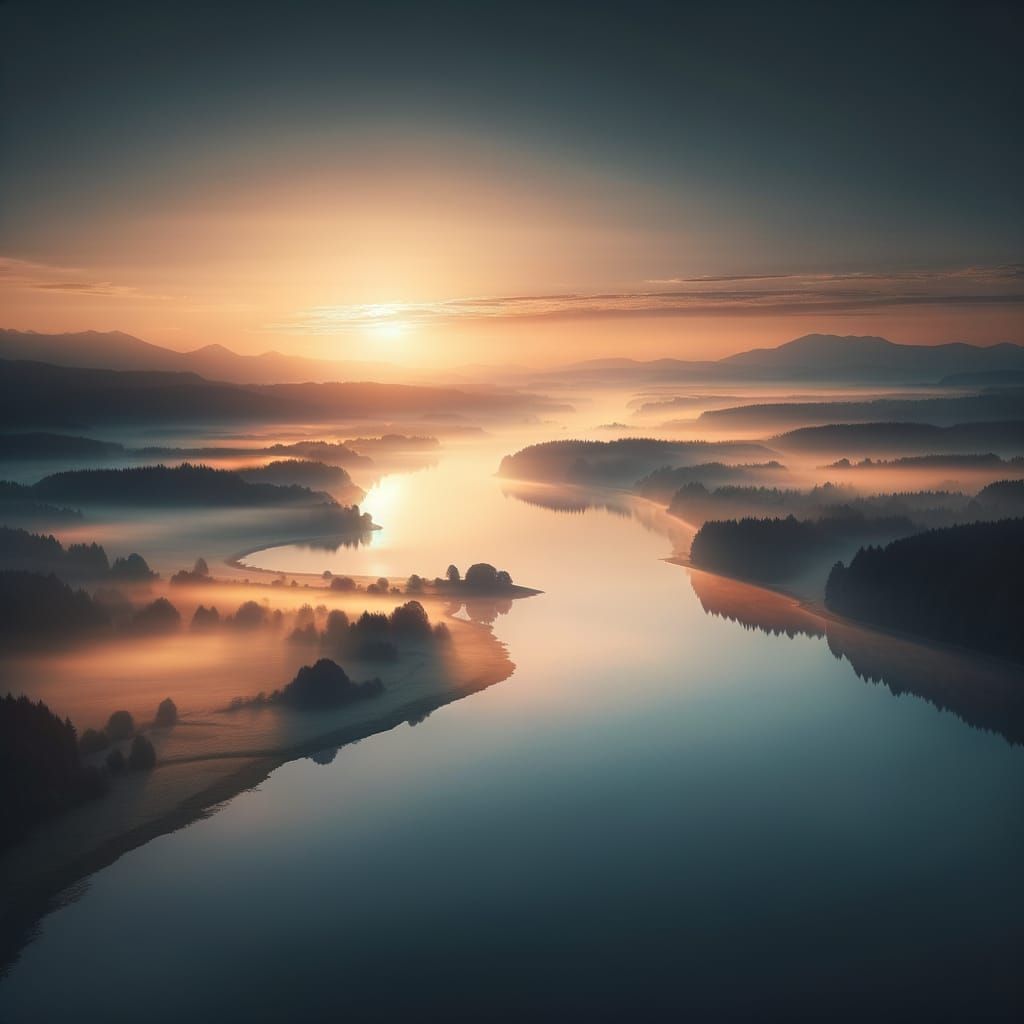 Peaceful Lake Sunrise with Mirror Reflections and Mist