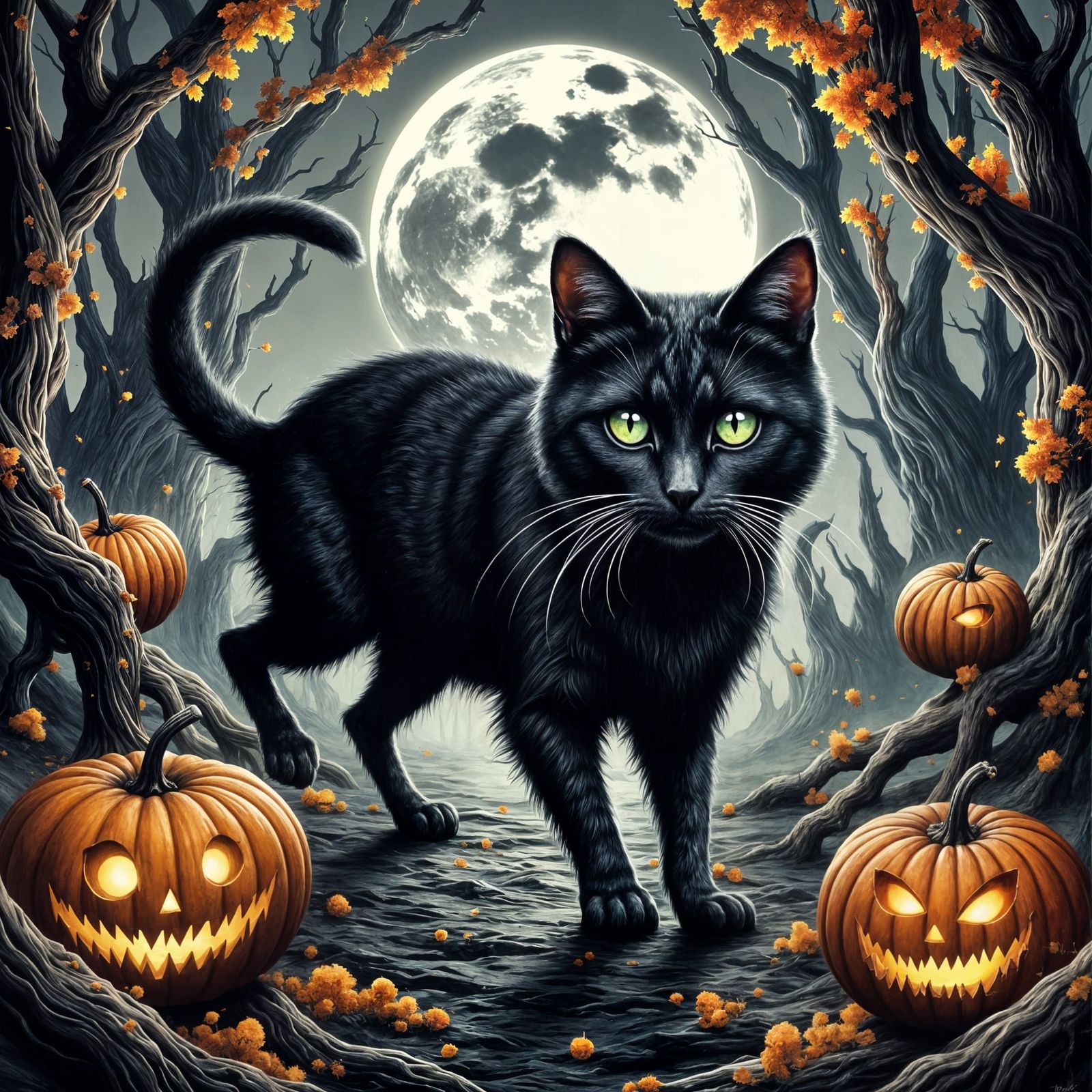 Black Cat in a Halloween Nightmare