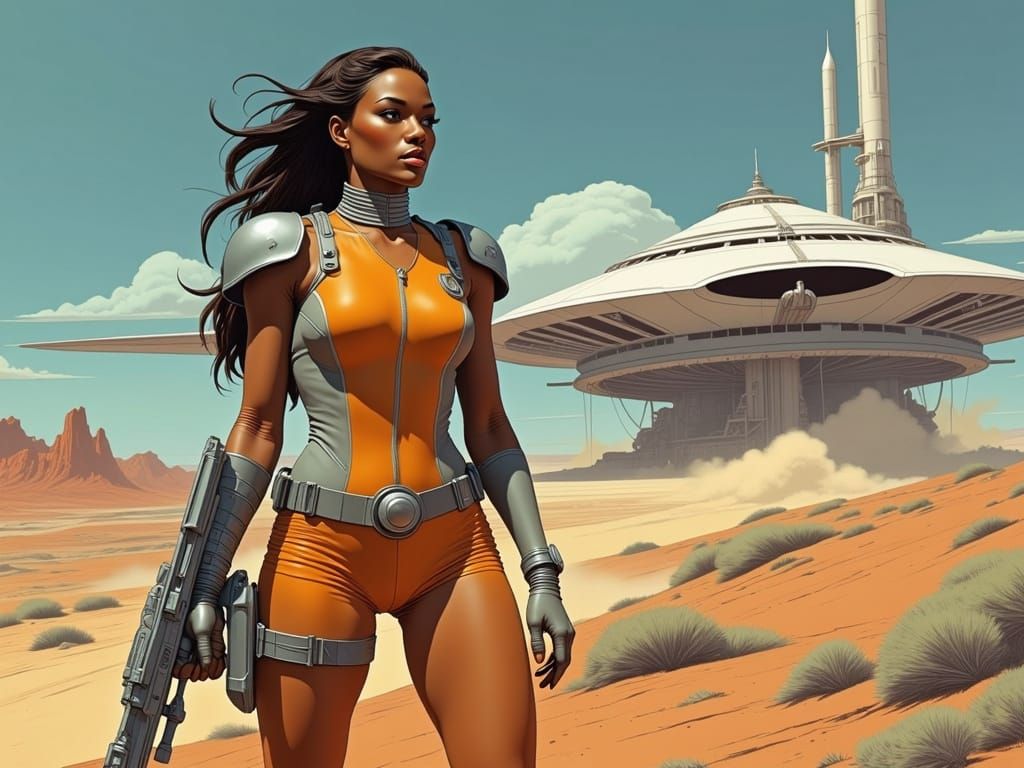 Woman on Desert Launchpad in Retrofuturistic Acrylic Art