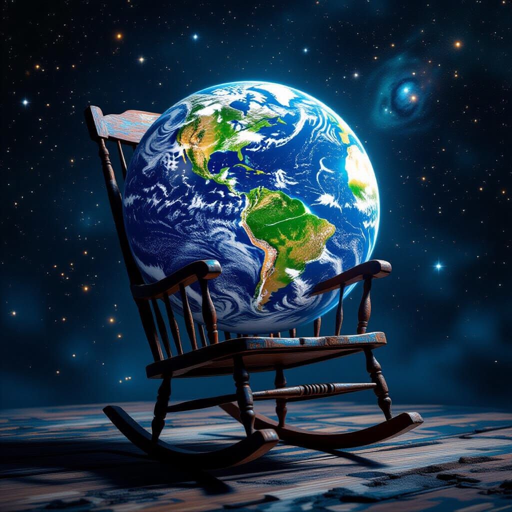 Earth in Rocking Chair Suspended in Space, Digital Art
