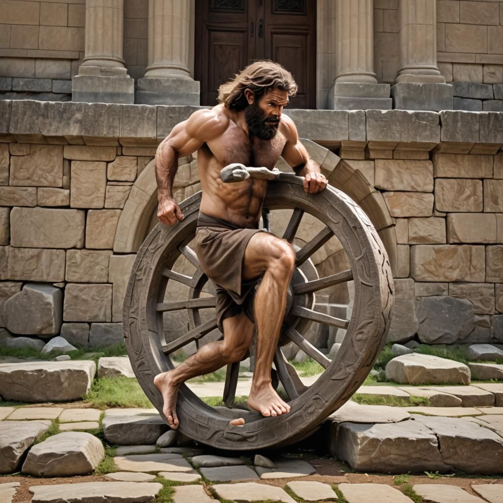 Caveman Pushes Stone Wheel Towards Library