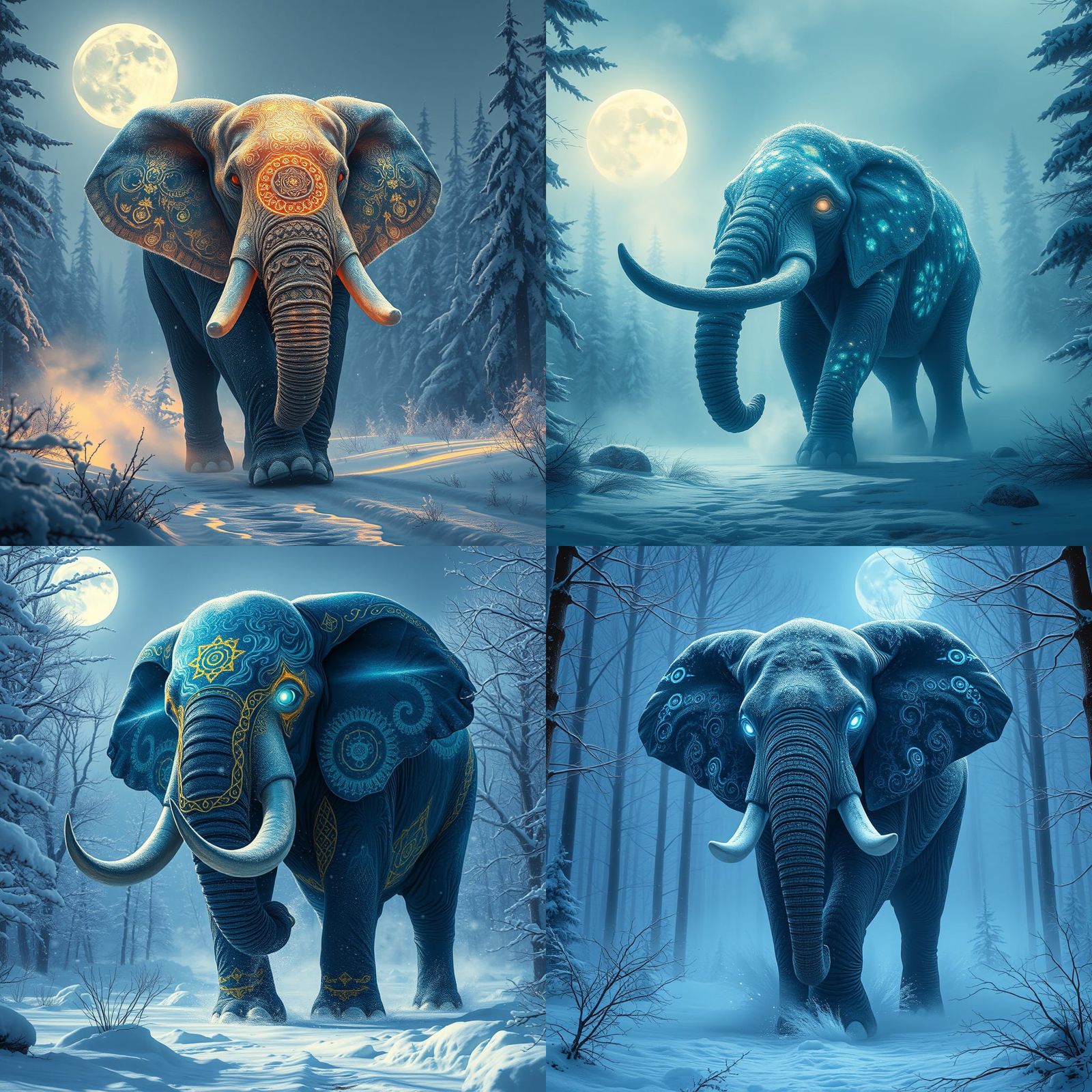 Mystical Elephant Charges Through Snowy Forest
