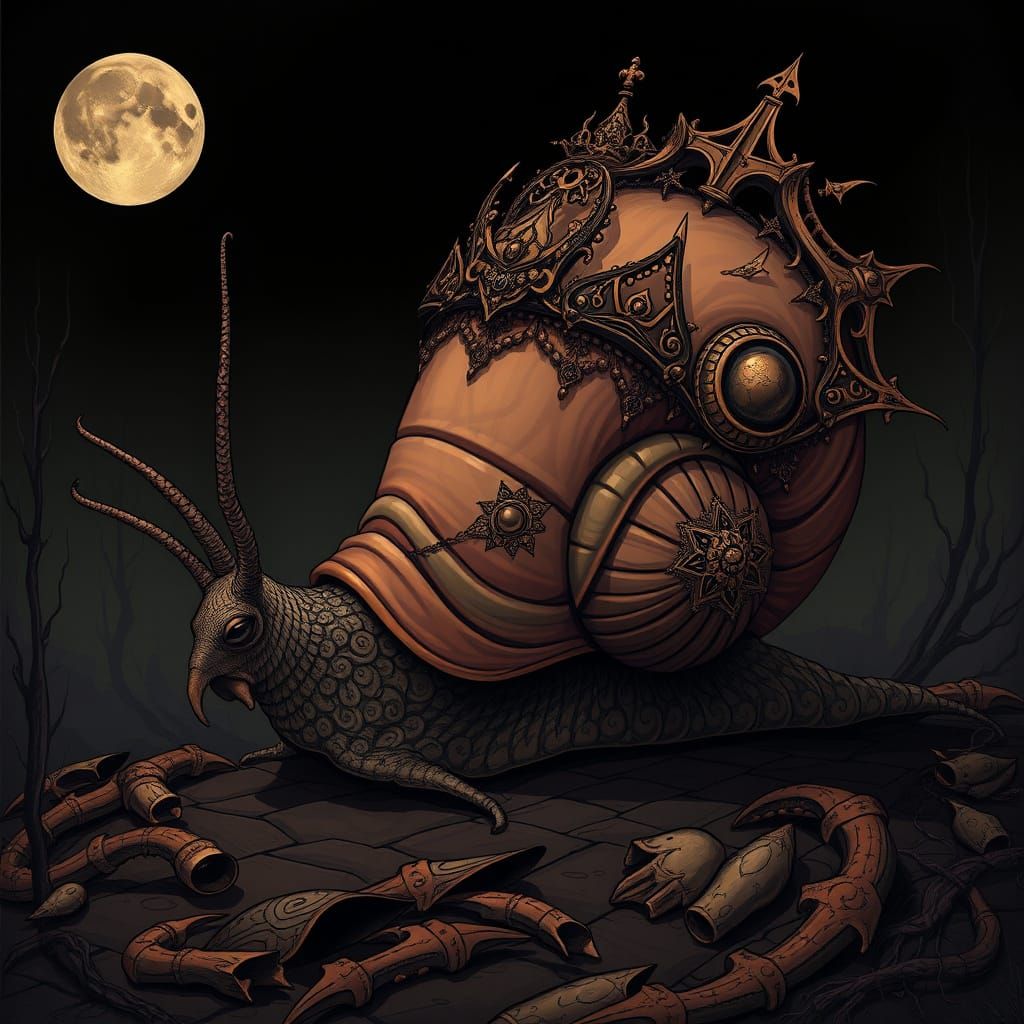 Gothic Snail in Eerie Landscape, Detailed Surrealist Art