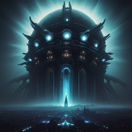 Eldritch UFO Over City in Cosmic Horror Style