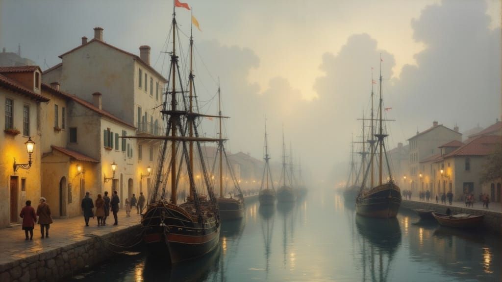 Historic Harbor Scene at Twilight in Atmospheric Mist