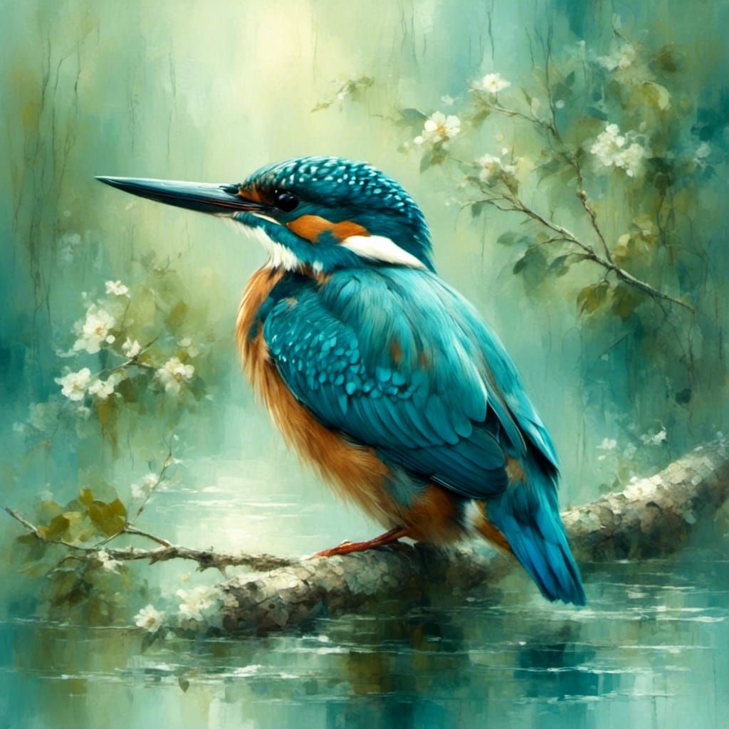Kingfisher Portrait in Impressionist Wildlife Art Style