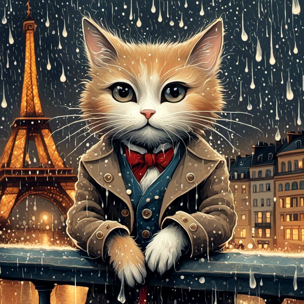 Cat in Paris During Rainy Night