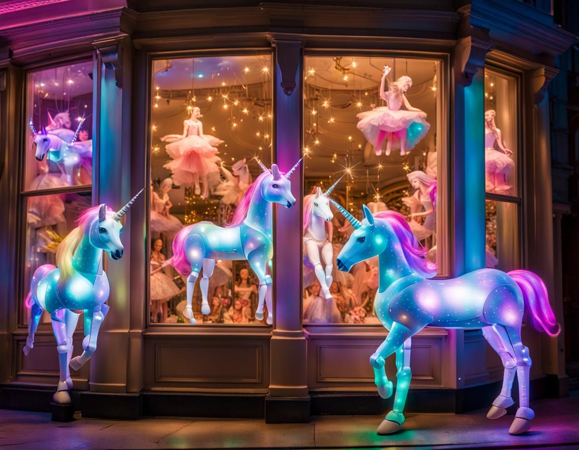 Futuristic Toy Shop Window with Robotic Wonders